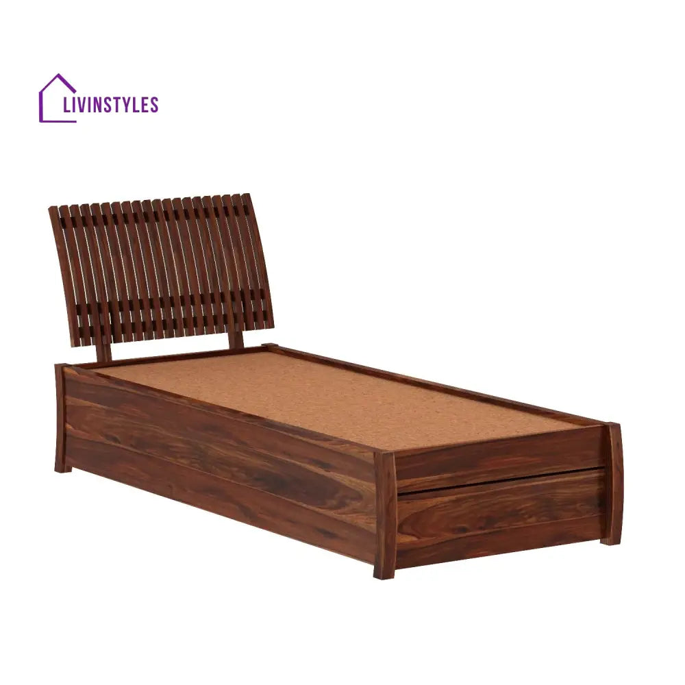 Adela Solid Sheesham Wood Single Bed With Drawer Storage (Natural Finish) Bed