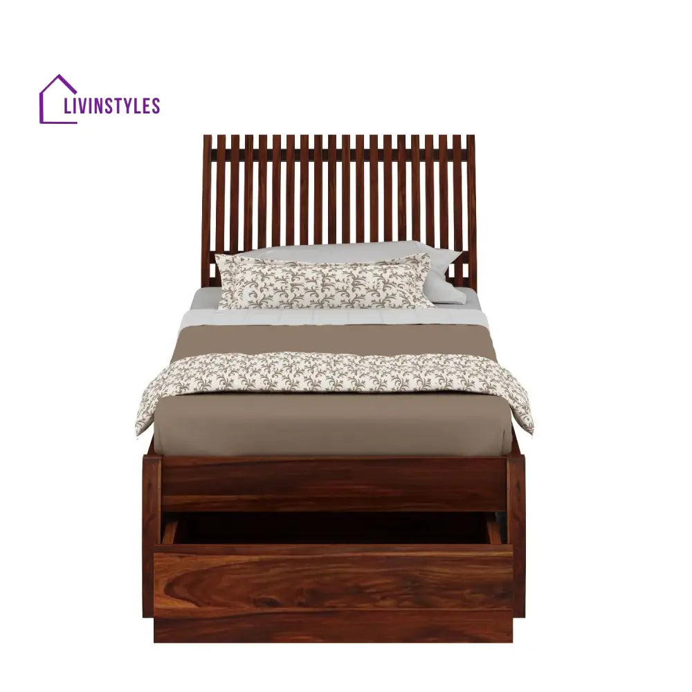 Adela Solid Sheesham Wood Single Bed With Drawer Storage (Natural Finish) Bed