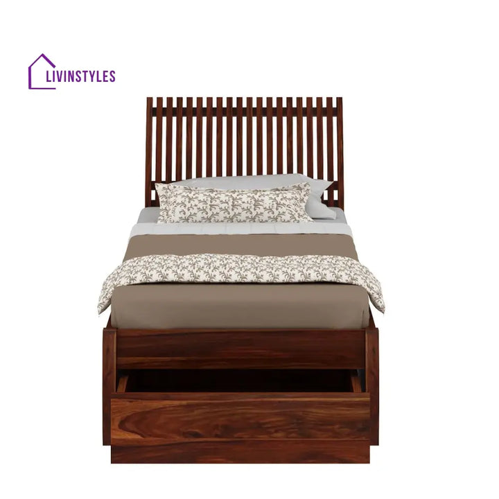 Adela Solid Sheesham Wood Single Bed With Drawer Storage (Natural Finish) Bed