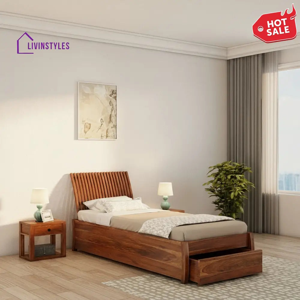 Adela Solid Sheesham Wood Single Bed With Drawer Storage (Natural Finish) Bed