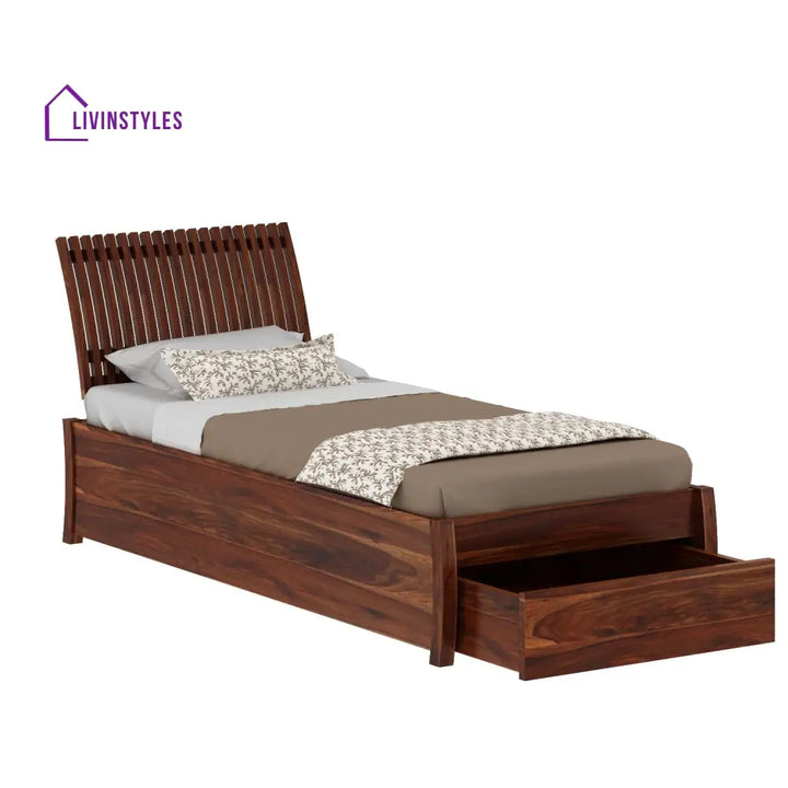 Adela Solid Sheesham Wood Single Bed With Drawer Storage (Natural Finish) Bed