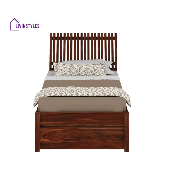Adela Solid Sheesham Wood Single Bed With Drawer Storage (Natural Finish) Bed