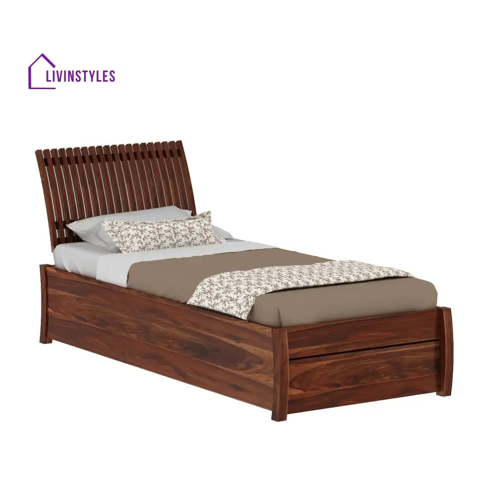 Adela Solid Sheesham Wood Single Bed With Drawer Storage (Natural Finish) Bed