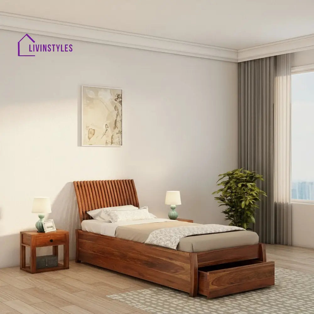 Adela Solid Sheesham Wood Single Bed With Drawer Storage (Natural Finish) Bed