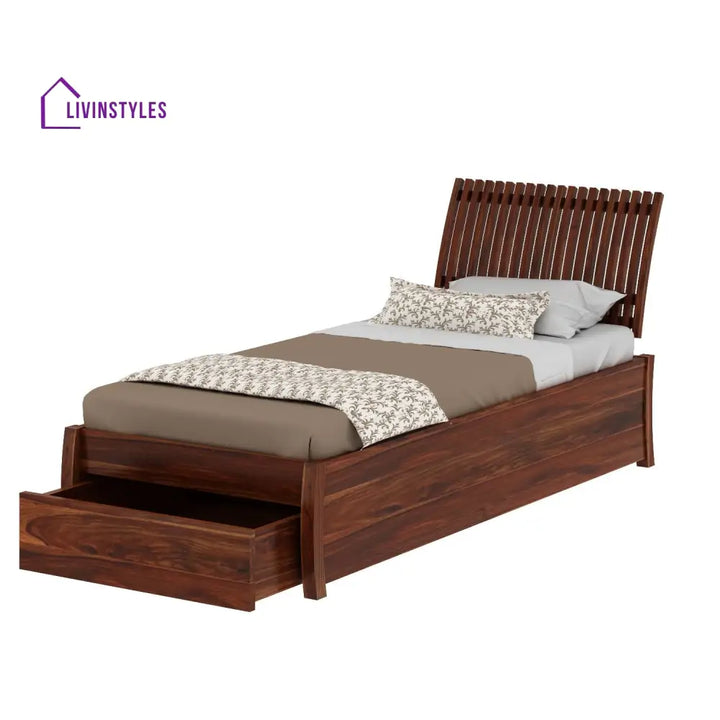 Adela Solid Sheesham Wood Single Bed With Drawer Storage (Natural Finish) Bed
