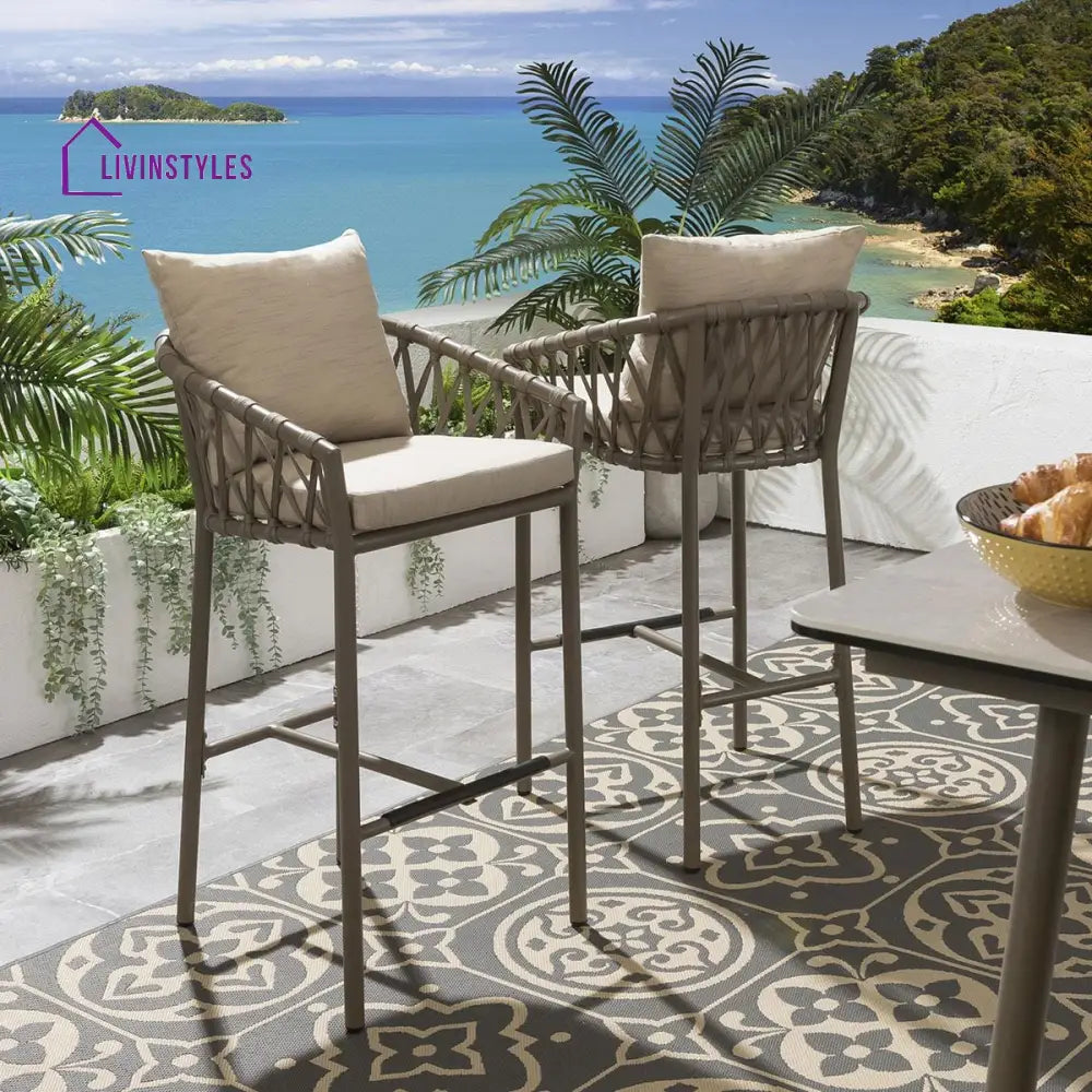 Adelina Outdoor Patio Bar Chair 2 Chairs For Balcony Braided & Rope - Beige - Bar Sets