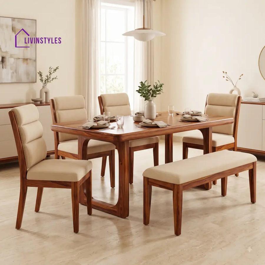 Adenike Wooden 6 Seater Dining Table Set | 4 Chairs and 1 Bench | Table 72 X 36 X 30 Inch