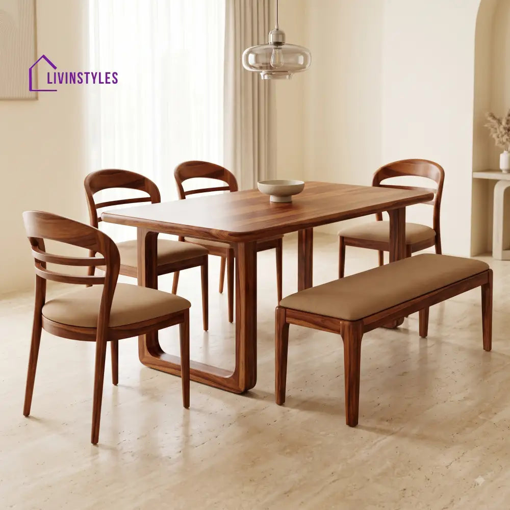 Adeola Wooden 6 Seater Dining Table Set | 4 Chairs and 1 Bench | Table 72 X 36 X 30 Inch