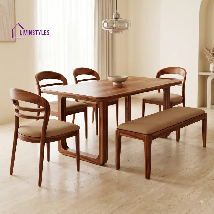 Adeola Wooden 6 Seater Dining Table Set | 4 Chairs and 1 Bench | Table 72 X 36 X 30 Inch