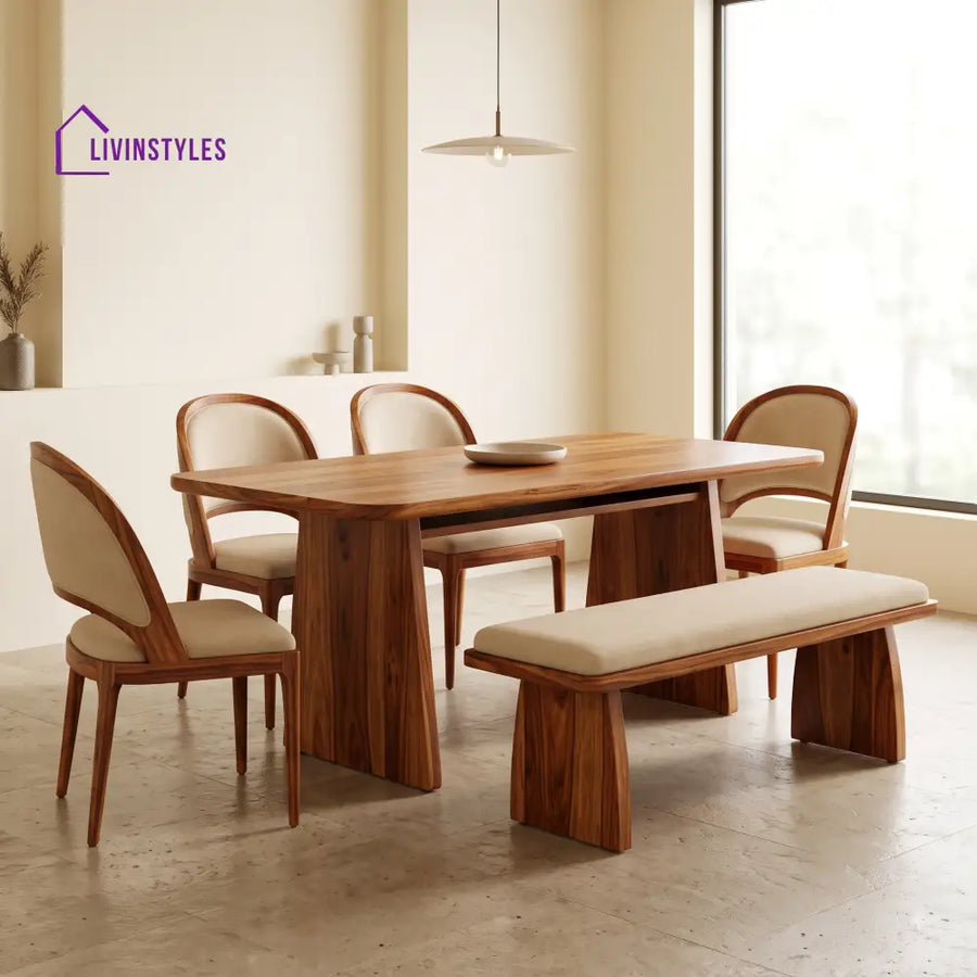 Aderonke Wooden 6 Seater Dining Table Set | 4 Chairs and 1 Bench | Table 72 X 36 X 30 Inch