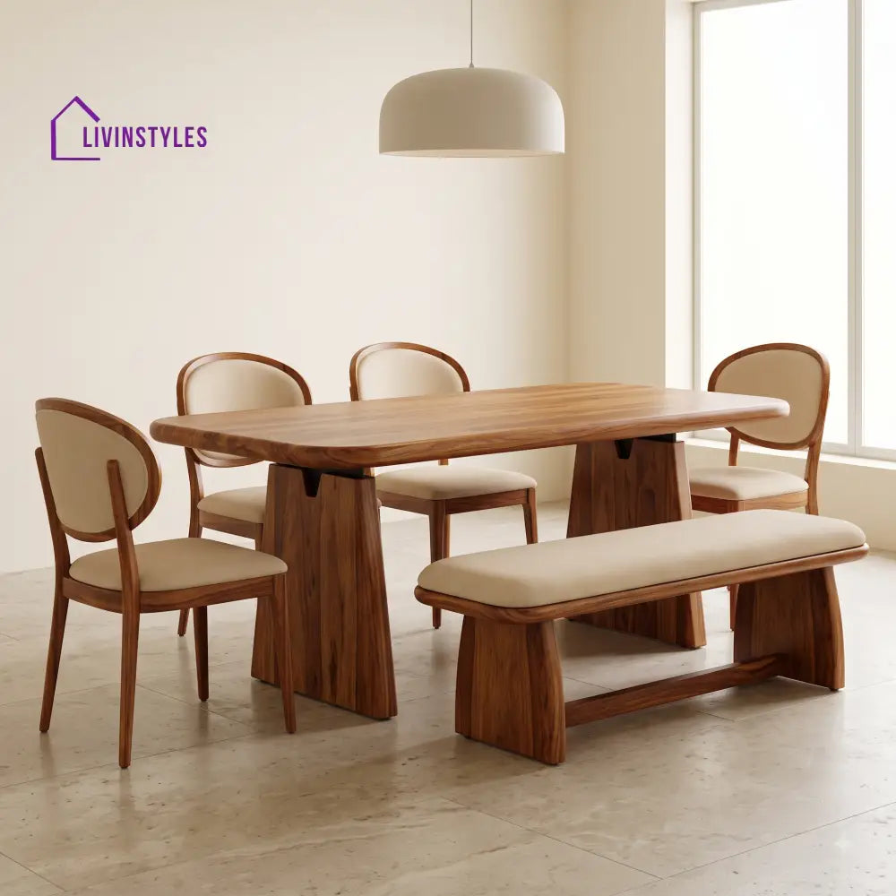 Adesewa Wooden 6 Seater Dining Table Set | 4 Chairs and 1 Bench | Table 72 X 36 X 30 Inch