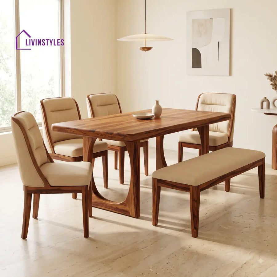 Adetola Wooden 6 Seater Dining Table Set | 4 Chairs and 1 Bench | Table 72 X 36 X 30 Inch