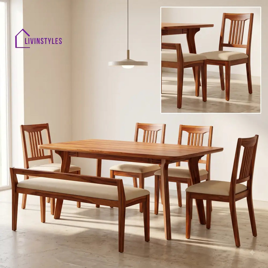 Adewunmi Wooden 6 Seater Dining Table Set | 4 Chairs and 1 Bench | Table 72 X 36 X 30 Inch