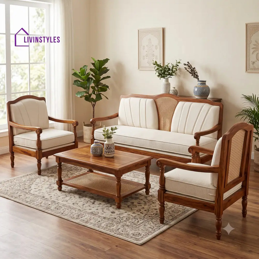 Adhira Wooden Sofa Set | 3 + 1 + 1 Sheesham Wood Sofa Set for Living Room
