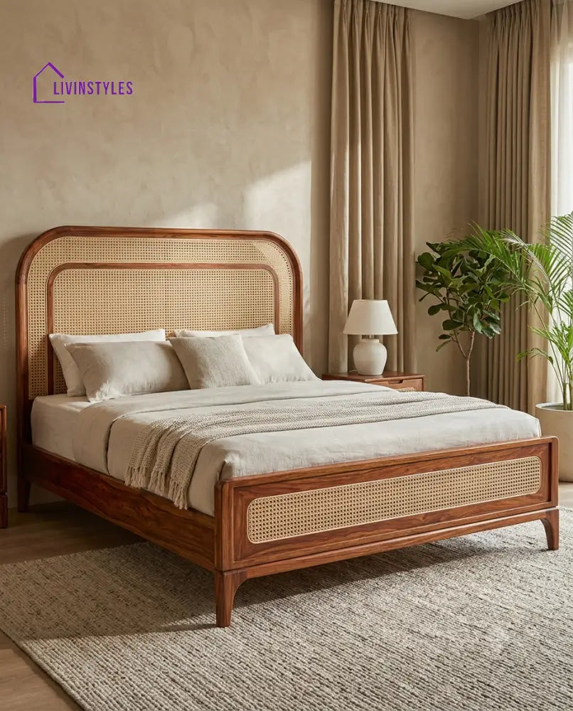 Adithya Wooden Bed with Cane Weaving Headboard Design | Bed without Storage