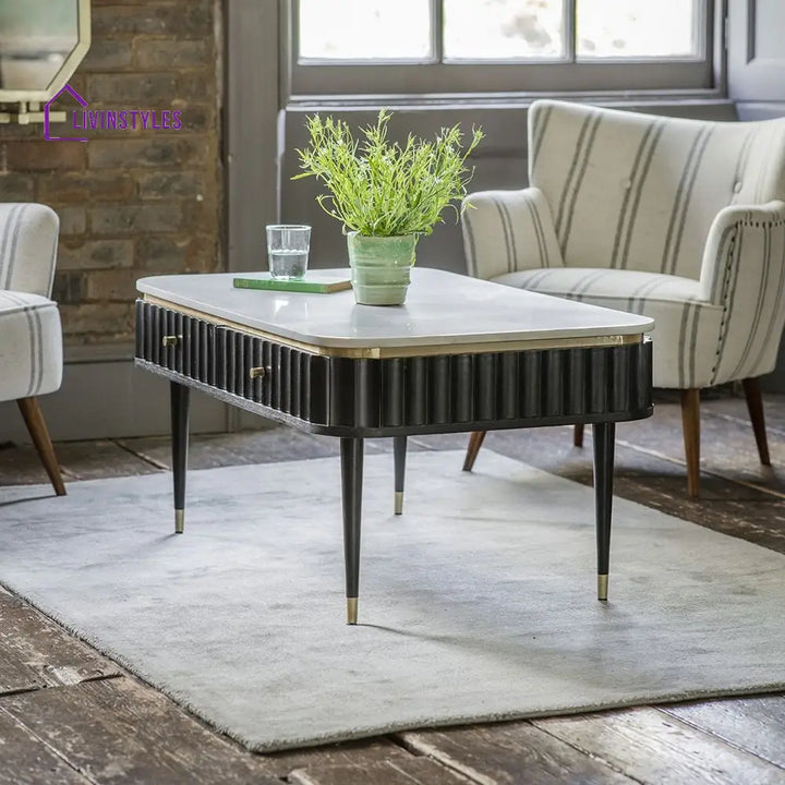 Aditi Furniture Flute Coffee Table Base Mango Wood With White Marble Top (W98 x D61 x H46 cm) Coffee Table