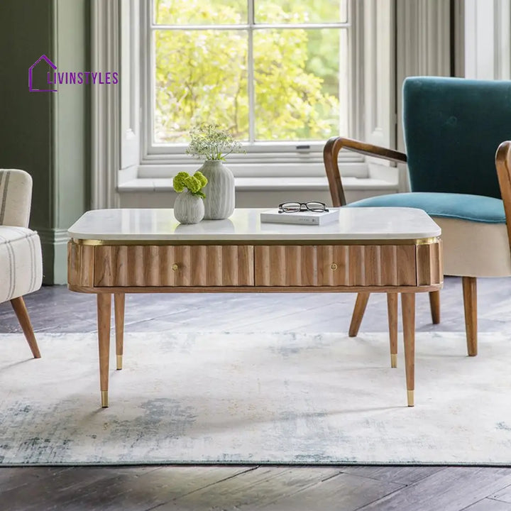 Aditi Furniture Flute Coffee Table Base Mango Wood With White Marble Top (W98 x D61 x H46 cm) Natural Finish Coffee