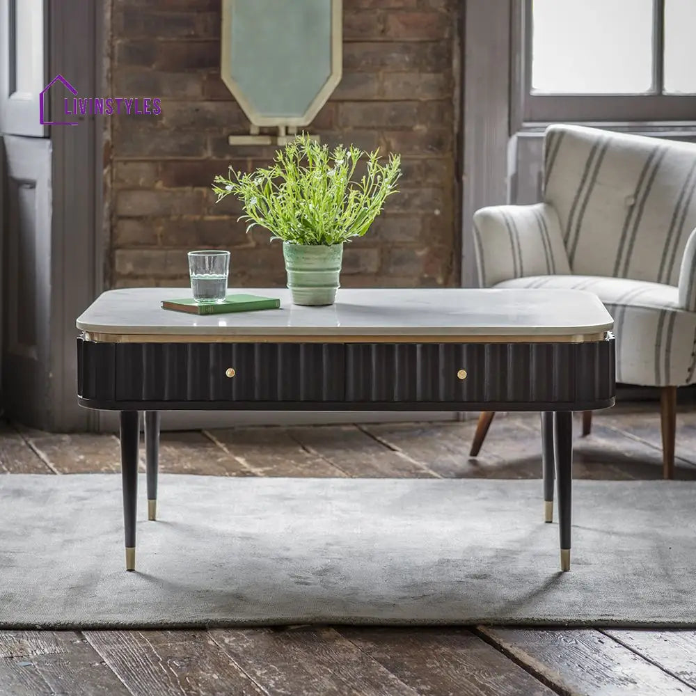 Aditi Furniture Flute Coffee Table Base Mango Wood With White Marble Top (W98 x D61 x H46 cm) Walnut Finish Coffee Table