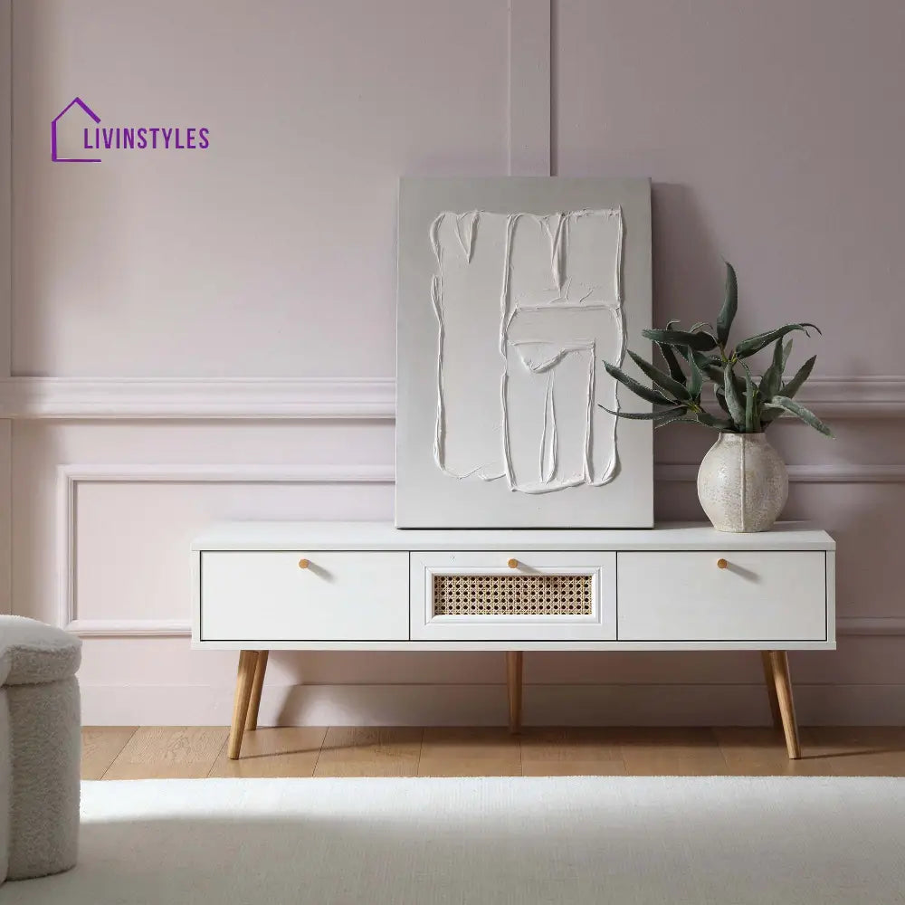 Anya Woven Rattan 3-Drawer TV Unit in White TV Stands & Media Storage