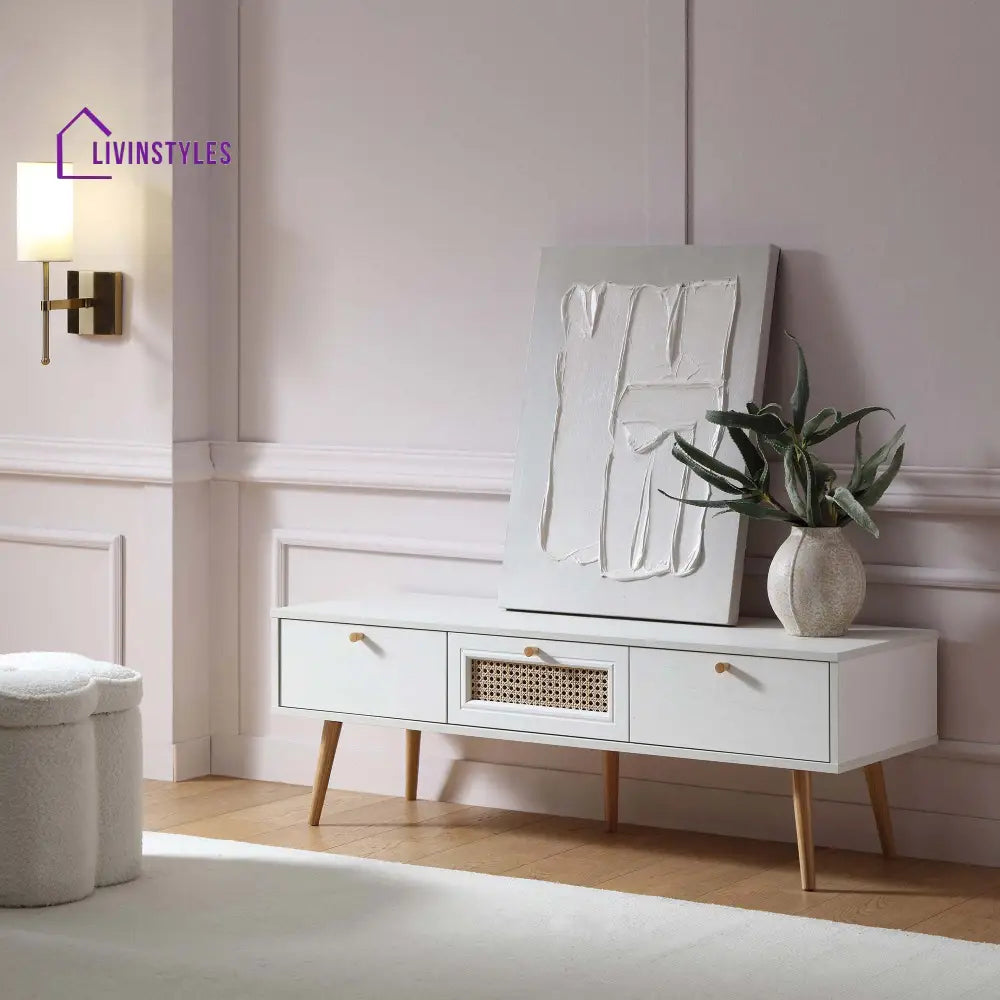 Anya Woven Rattan 3-Drawer TV Unit in White TV Stands & Media Storage