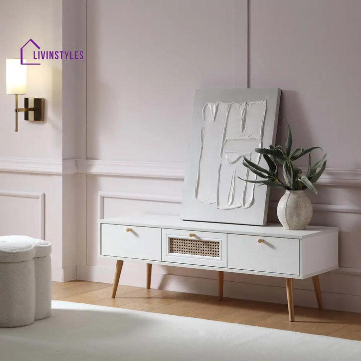 Anya Woven Rattan 3-Drawer TV Unit in White TV Stands & Media Storage