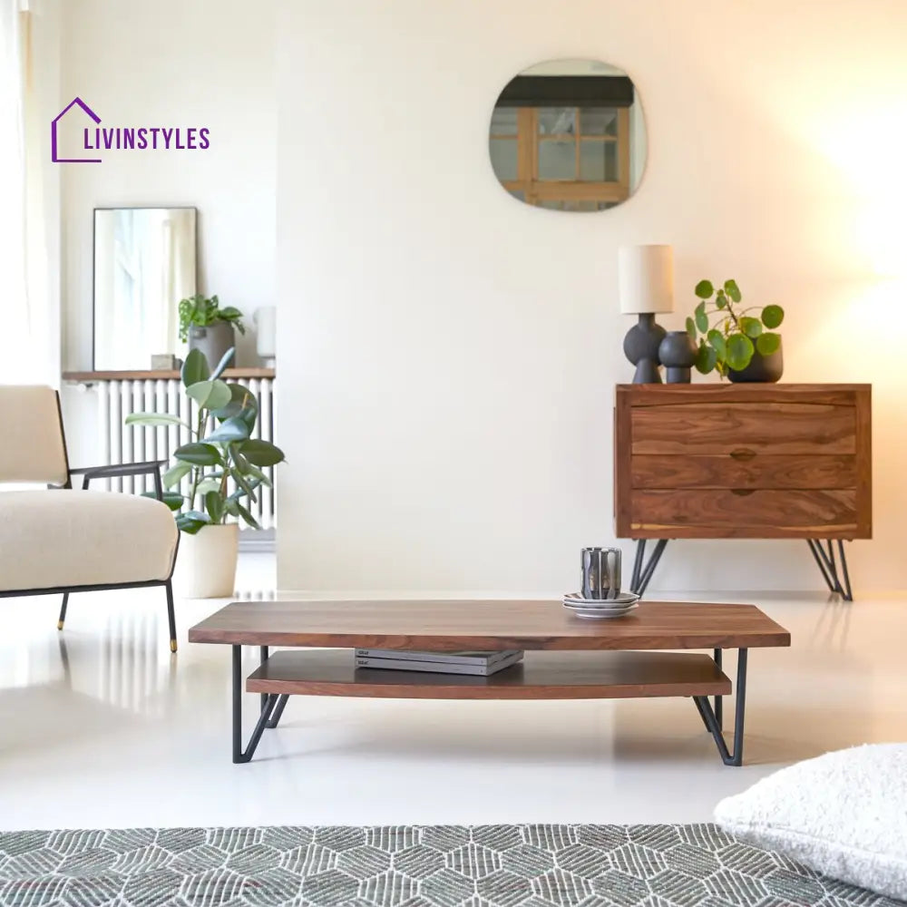 Aditya Low Height Coffee Table – Sheesham Wood Iron Stand (Low Height W110 D60 H25 cm) Coffee Table