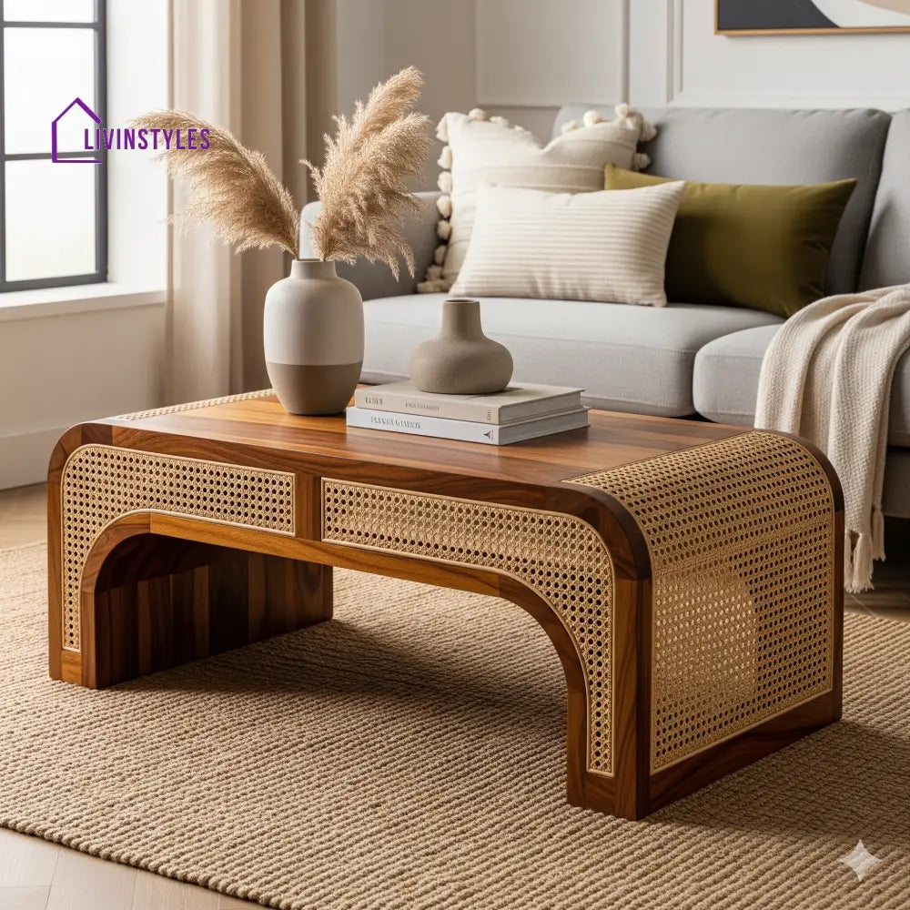 Aditya Sheesham Wood & Cane Coffee Table for Living Room – Honey Finish