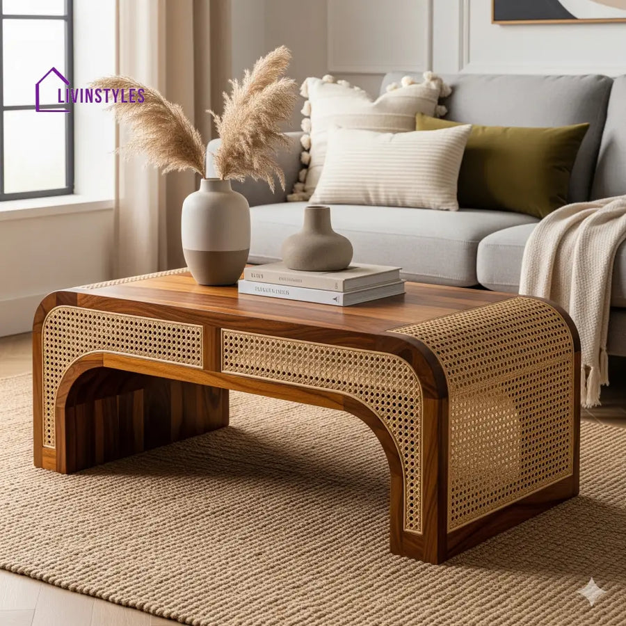 Aditya Sheesham Wood & Cane Coffee Table for Living Room – Honey Finish