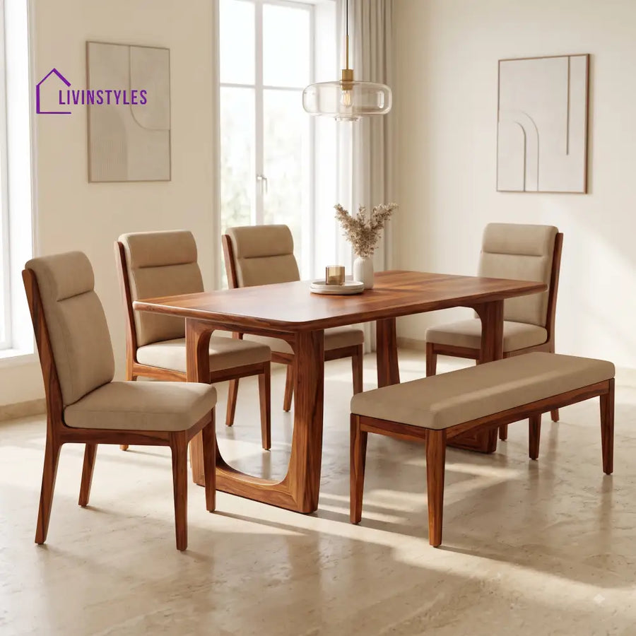 Adunola Wooden 6 Seater Dining Table Set | 4 Chairs and 1 Bench | Table 72 X 36 X 30 Inch