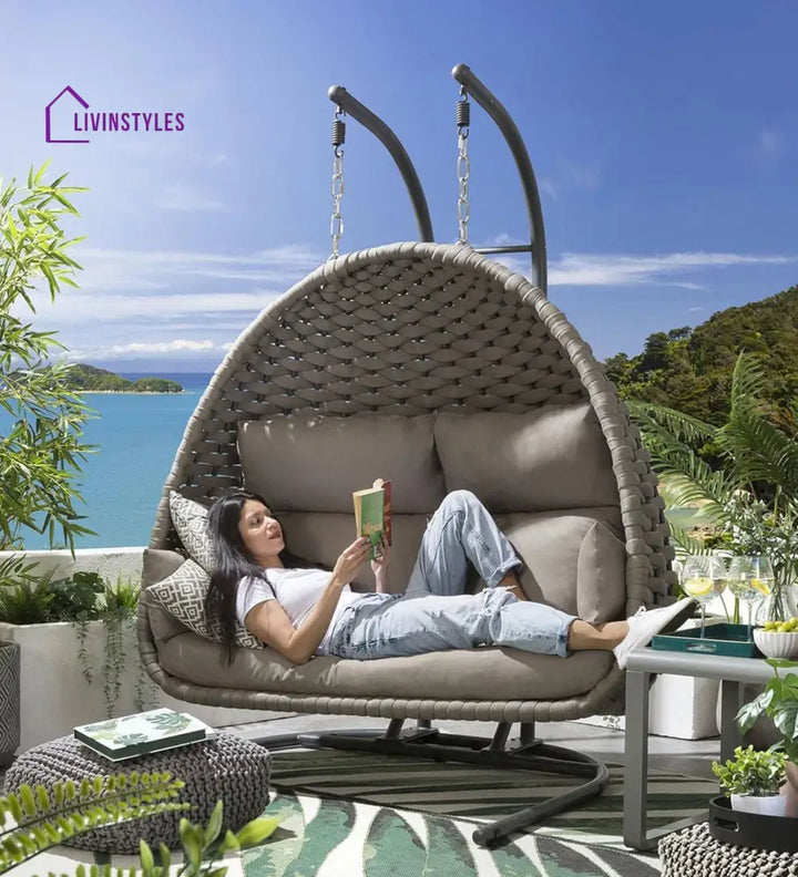Afon Double Seater Hanging Swing With Stand For Balcony Garden Swing (Silk Grey) Braid & Rope - Swings