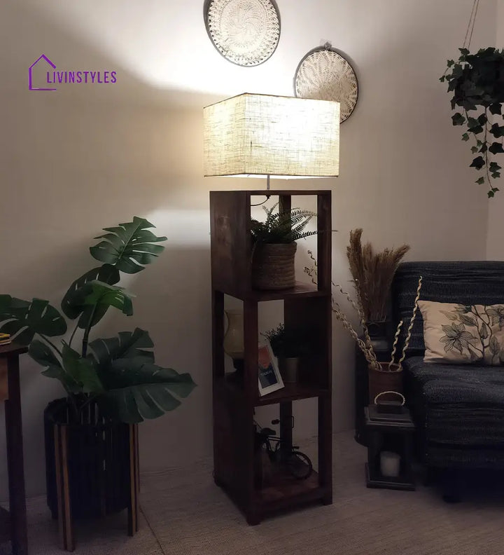 Agnes Wooden Floor Lamp With Brown Base And Jute Fabric Lampshade Lamps