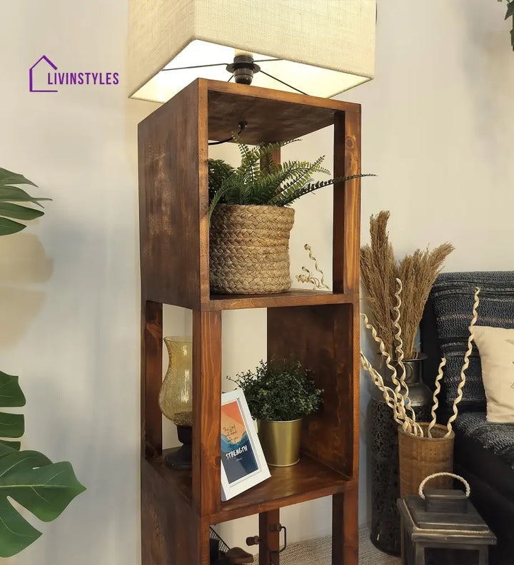 Agnes Wooden Floor Lamp With Brown Base And Jute Fabric Lampshade Lamps