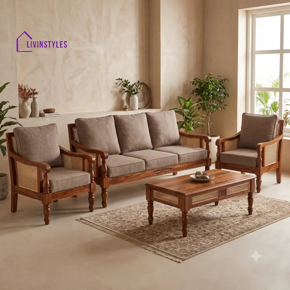 Ahalya Wooden Sofa Set | 3 + 1 + 1 Sheesham Wood Sofa Set for Living Room