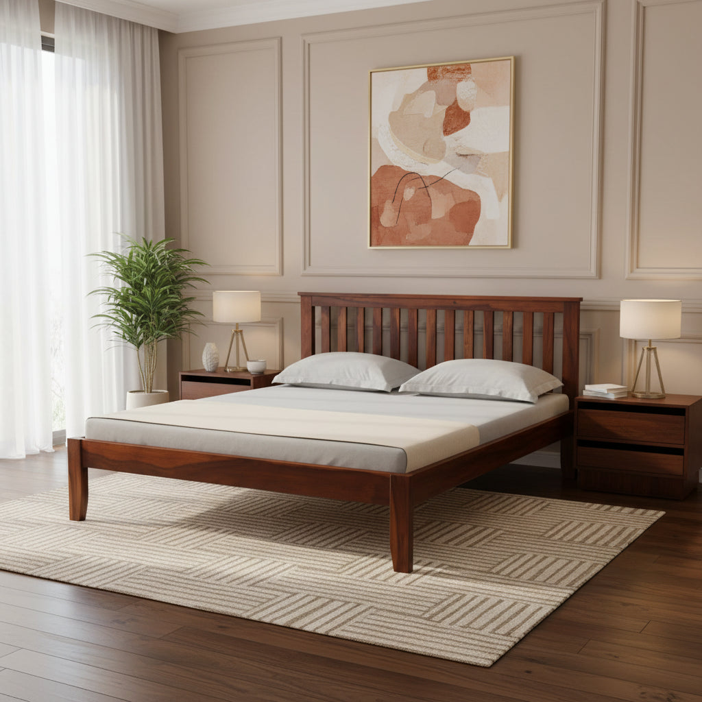 Ahmad Sheesham Wood Queen Size Bed In Honey Finish