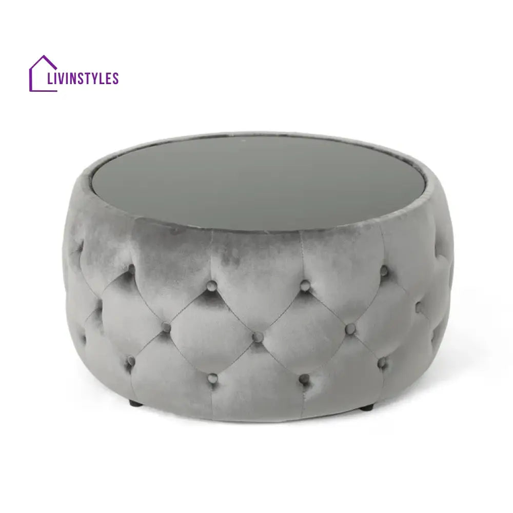Aisha Chesterfield Round Fabric Coffee Table with Glass Top for Living Room