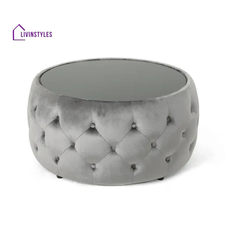 Aisha Chesterfield Round Fabric Coffee Table with Glass Top for Living Room