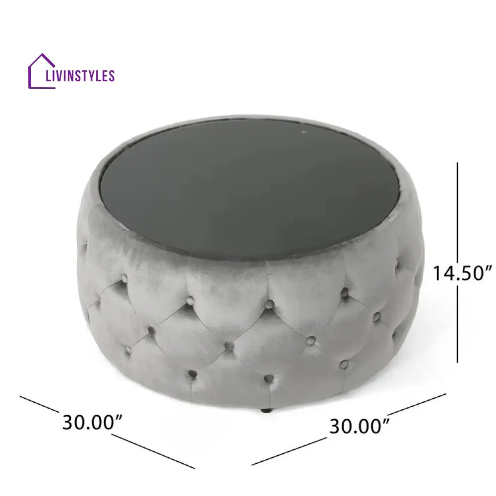 Aisha Chesterfield Round Fabric Coffee Table with Glass Top for Living Room