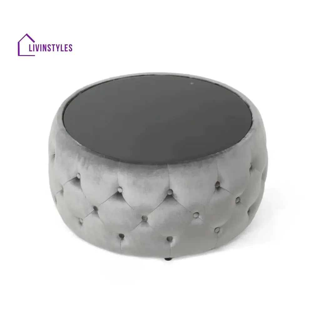 Aisha Chesterfield Round Fabric Coffee Table with Glass Top for Living Room