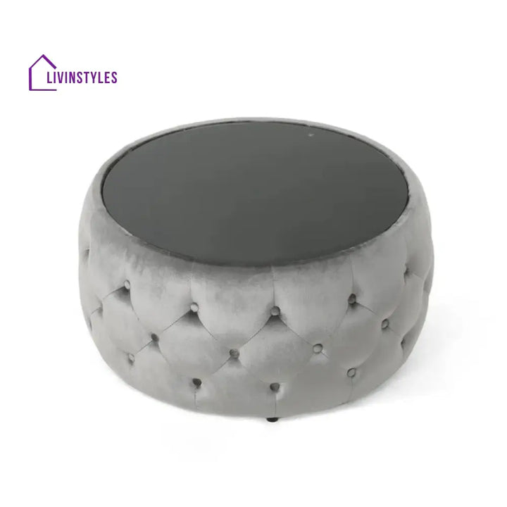 Aisha Chesterfield Round Fabric Coffee Table with Glass Top for Living Room