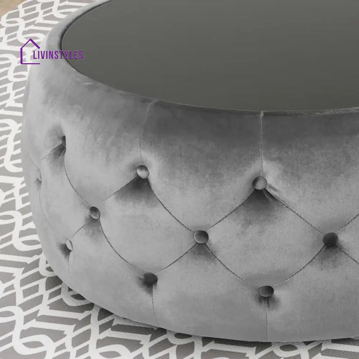 Aisha Chesterfield Round Fabric Coffee Table with Glass Top for Living Room