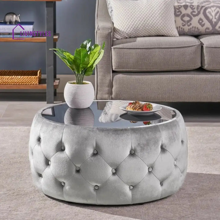 Aisha Chesterfield Round Fabric Coffee Table with Glass Top for Living Room