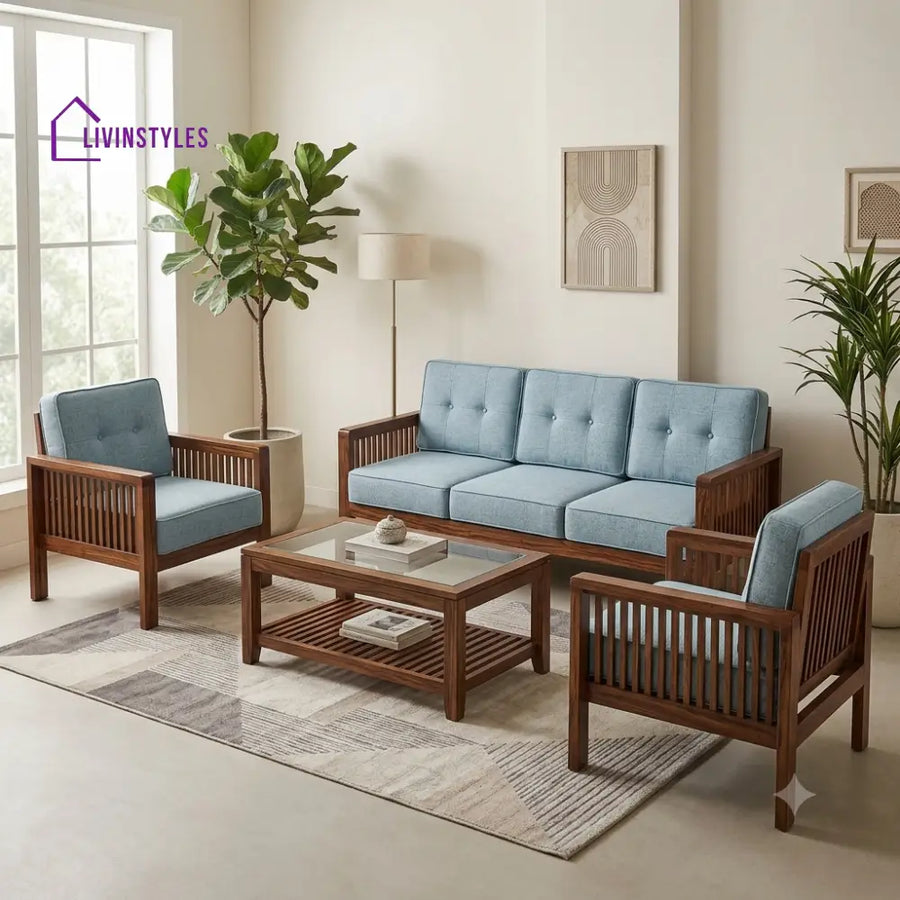 Aishwarya Wooden Sofa Set | 3 + 1 + 1 Sheesham Wood Sofa Set for Living Room