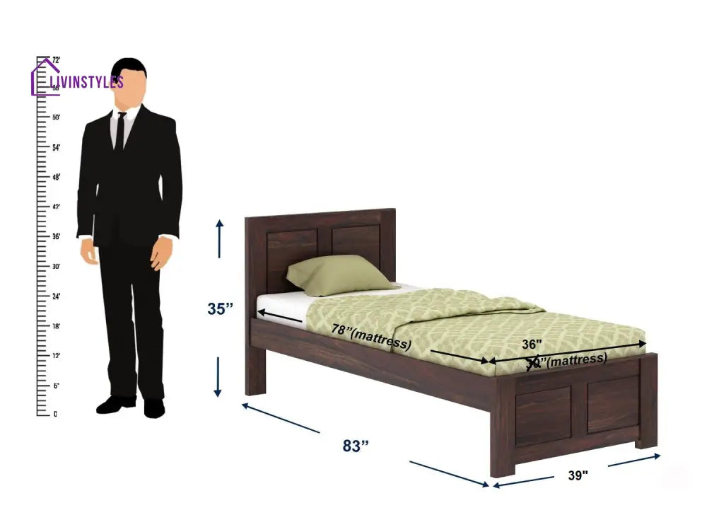 Aitana Solid Sheesham Wood Single Bed Without Storage (Walnut Finish) Bed