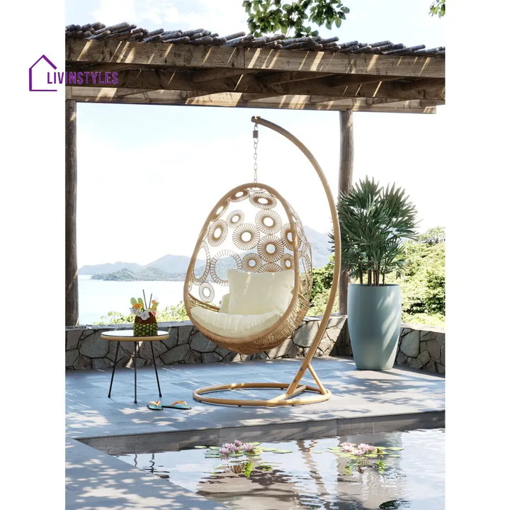 Ajax Single Seater Hanging Swing With Stand For Balcony Garden (Khaki) - Swings