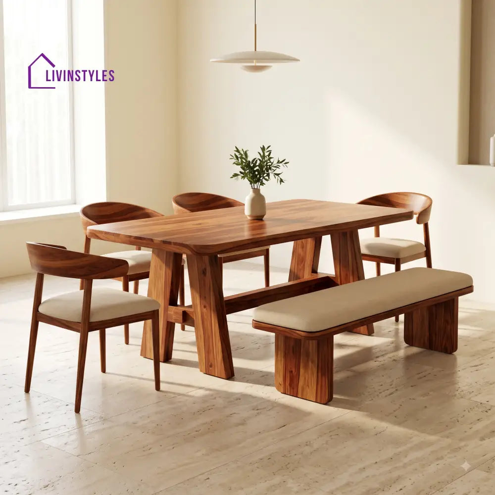 Ajoke Wooden 6 Seater Dining Table Set | 4 Chairs and 1 Bench | Table 72 X 36 X 30 Inch