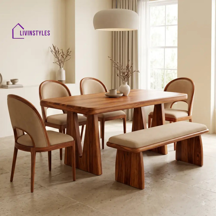 Akanke Wooden 6 Seater Dining Table Set | 4 Chairs and 1 Bench | Table 72 X 36 X 30 Inch