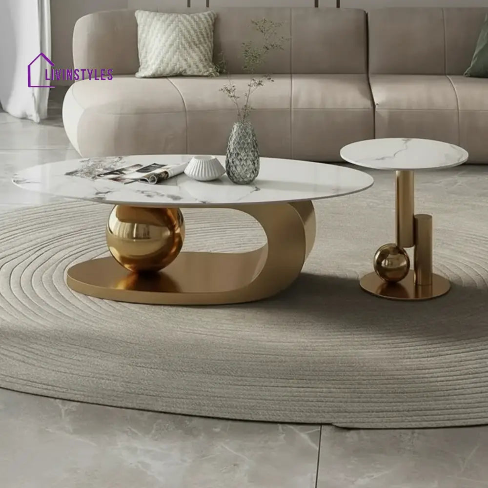 Luxurious Marble Top Stainless Steel With Pvd Coated Single Bool Coffee Table Set Tables