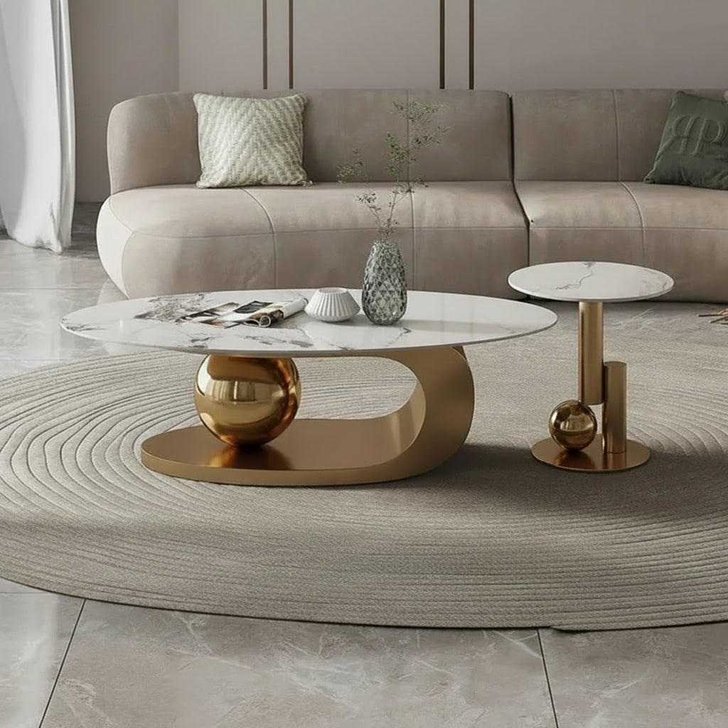 Luxurious Marble Top Stainless Steel With Pvd Coated Single Bool Coffee Table Set Tables