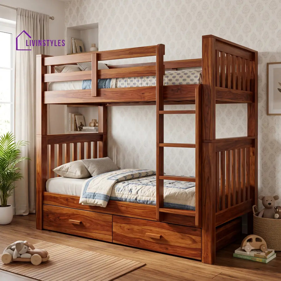 Akhil Sheesham Wood Bunk Bed With Storage | Kids Bed