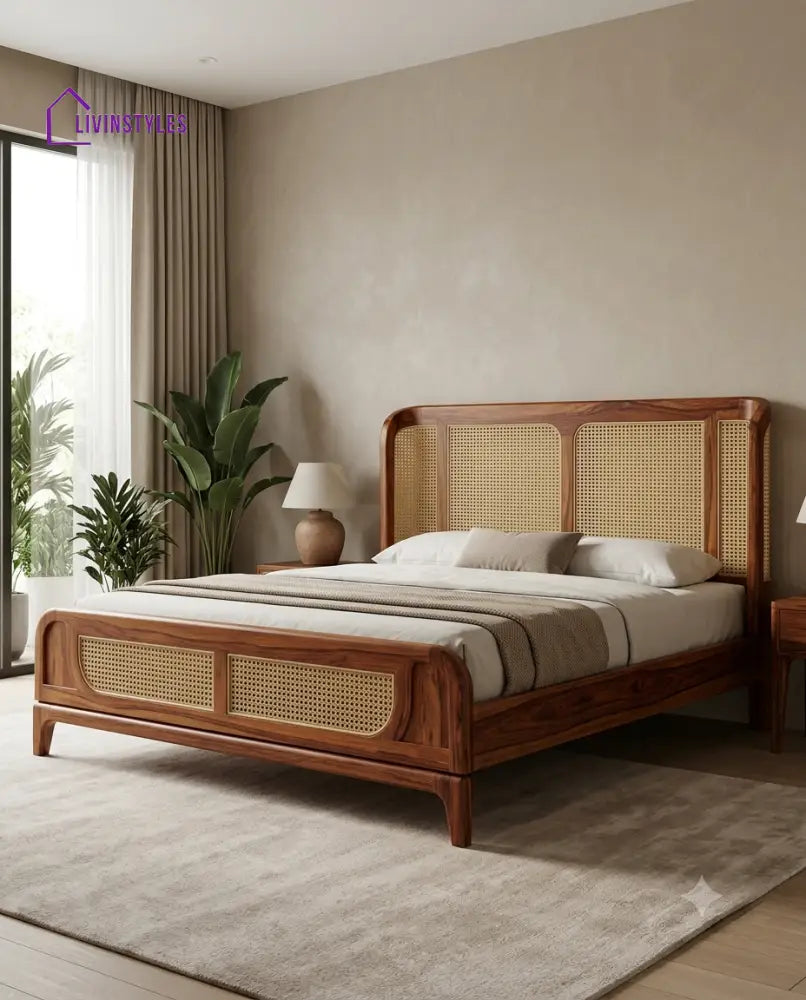 Akhil Wooden Bed with Cane Weaving Headboard Design | Bed without Storage